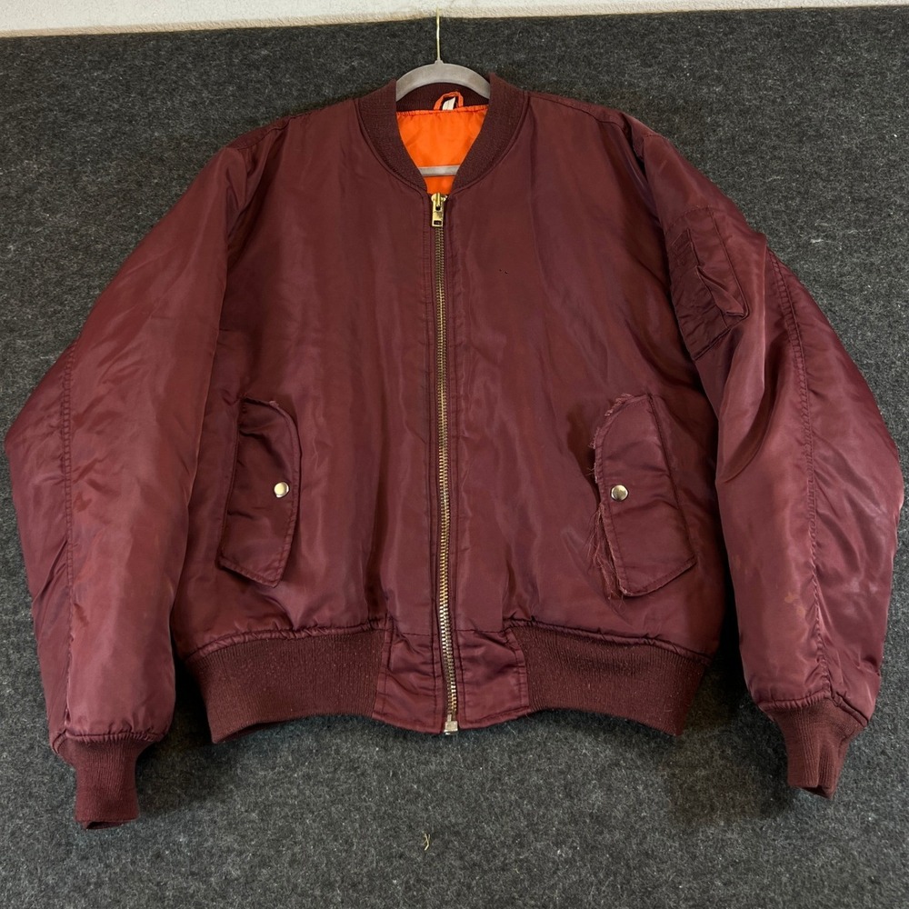 VINTAGE MA-1 Flight Jacket Mens Large Maroon Orange Reversible Bomber USAF Army